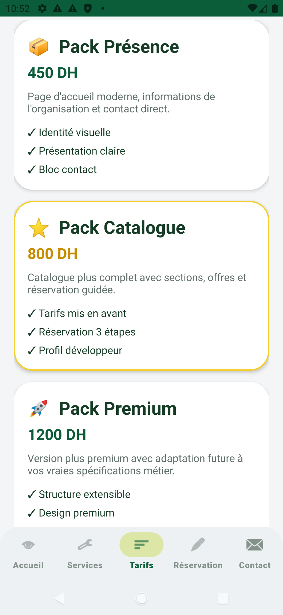 Écran tarifs